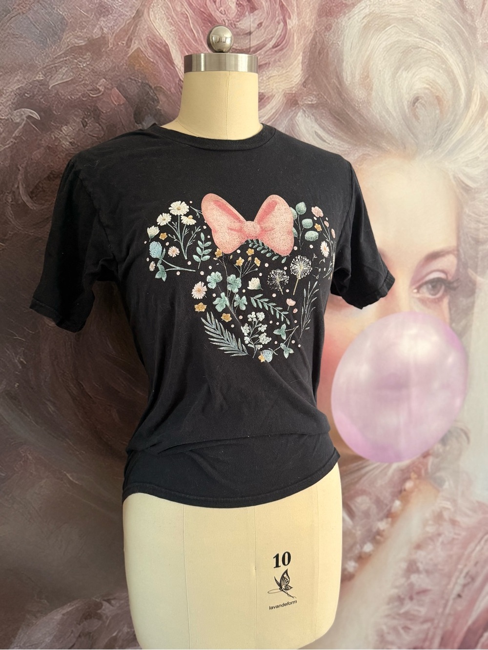 Black Floral Disney Tee with Pink Bow